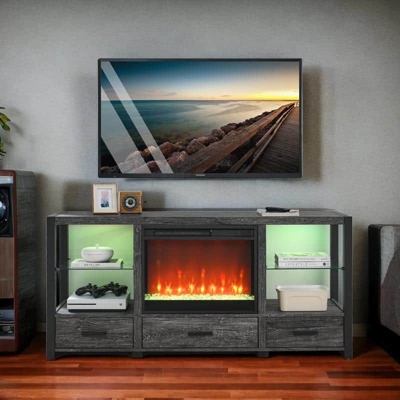 60" TV Stand With Sync Colorful LED Lights, Freestanding Electric